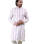 Mens cotton woven design kurta white