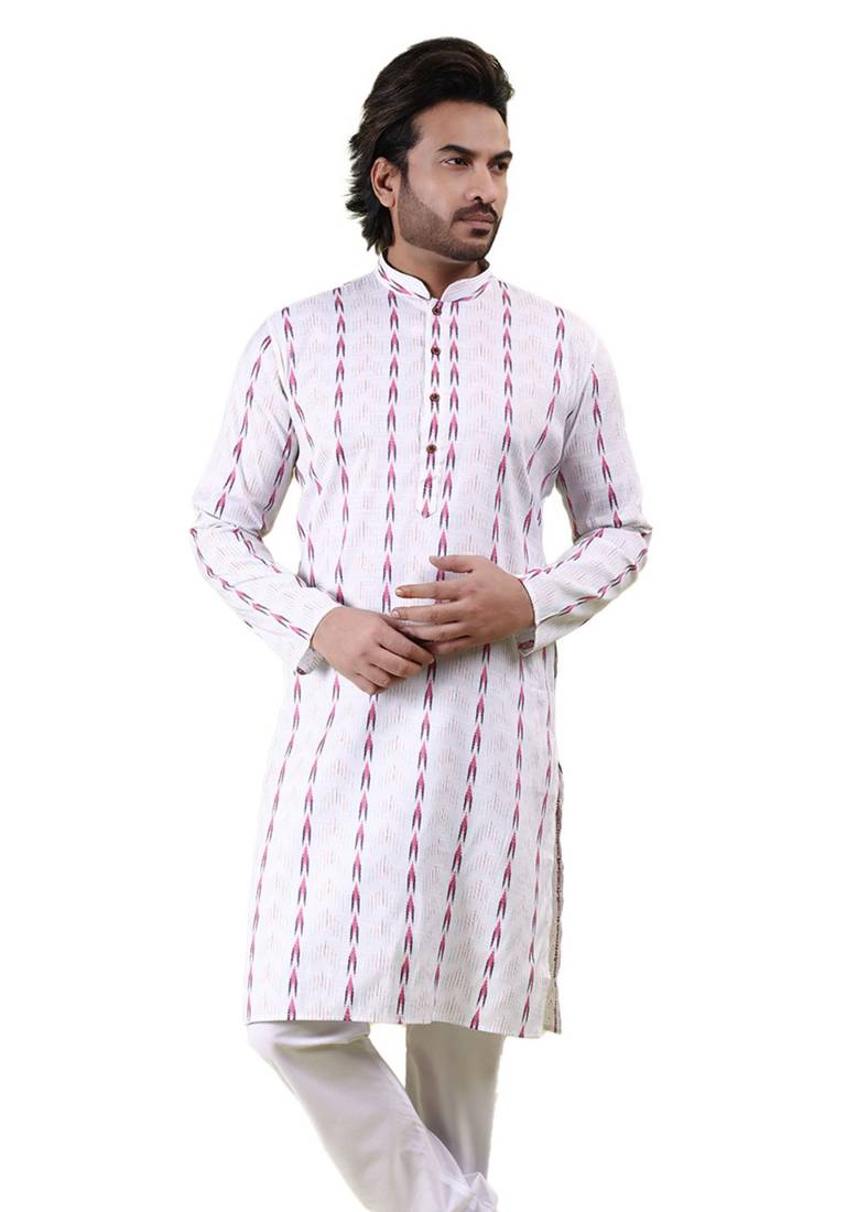 Mens cotton woven design kurta white