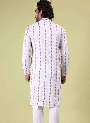 Mens cotton woven design kurta white 2