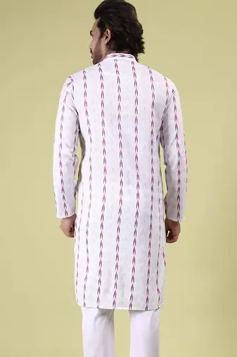 Mens cotton woven design kurta white