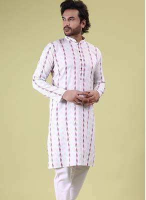 Mens cotton woven design kurta white 3