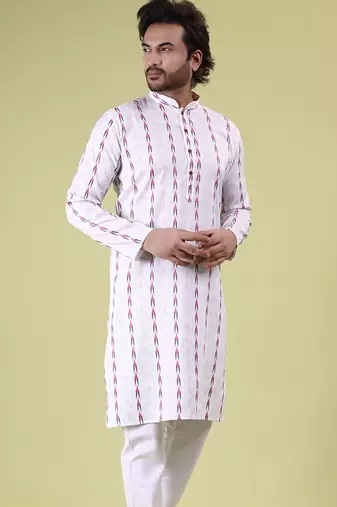 Mens cotton woven design kurta white