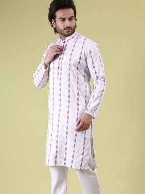 Mens cotton woven design kurta white 4
