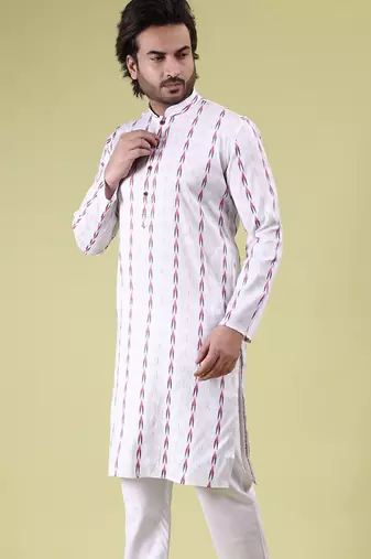 Mens cotton woven design kurta white
