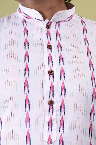 Mens cotton woven design kurta white