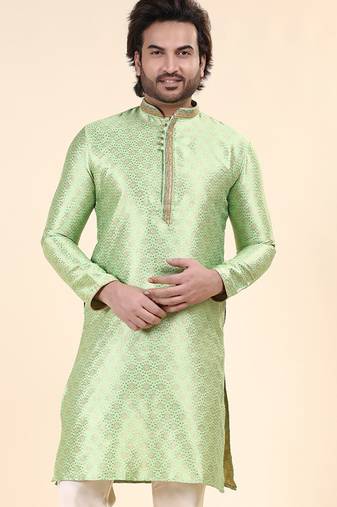 Mens art silk woven design with lace and printex kurta pista
