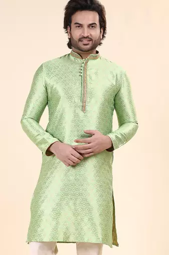 Mens art silk woven design with lace and printex kurta pista