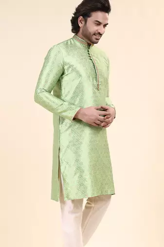 Mens art silk woven design with lace and printex kurta pista