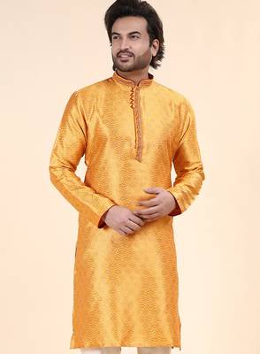 Mens art silk woven design with lace and printex kurta mustard 1