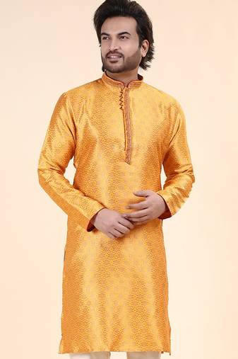 Mens art silk woven design with lace and printex kurta mustard