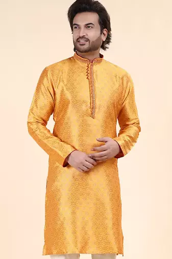 Mens art silk woven design with lace and printex kurta mustard