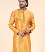 Mens art silk woven design with lace and printex kurta mustard