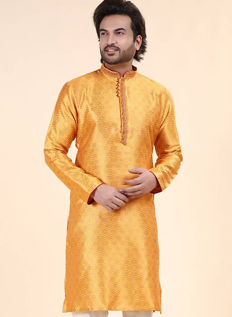 Mens art silk woven design with lace and printex kurta mustard