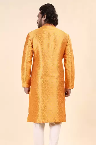 Mens art silk woven design with lace and printex kurta mustard