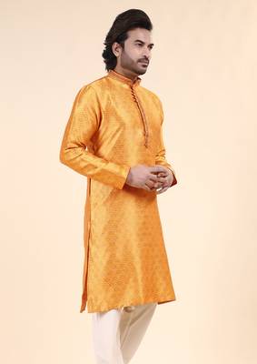 Mens art silk woven design with lace and printex kurta mustard 3