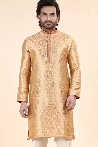 Mens art silk woven design with lace and printex kurta gold