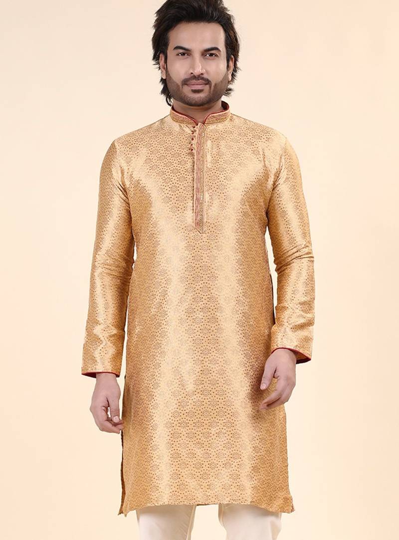 Mens art silk woven design with lace and printex kurta gold