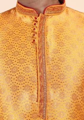 Mens art silk woven design with lace and printex kurta mustard 4