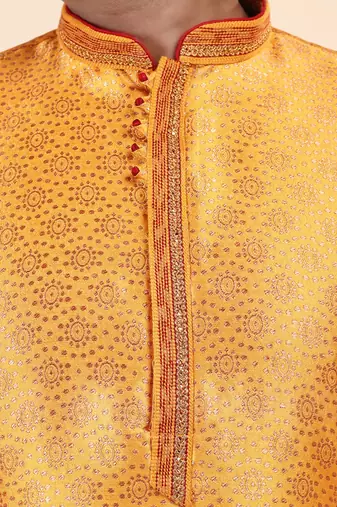 Mens art silk woven design with lace and printex kurta mustard
