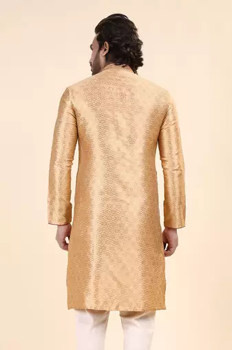 Mens art silk woven design with lace and printex kurta gold