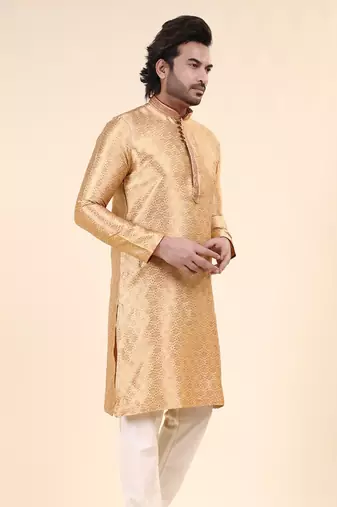 Mens art silk woven design with lace and printex kurta gold