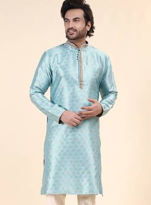 Mens art silk woven design with lace and printex kurta firoza 1