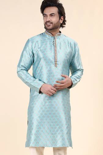 Mens art silk woven design with lace and printex kurta firoza