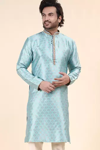 Mens art silk woven design with lace and printex kurta firoza