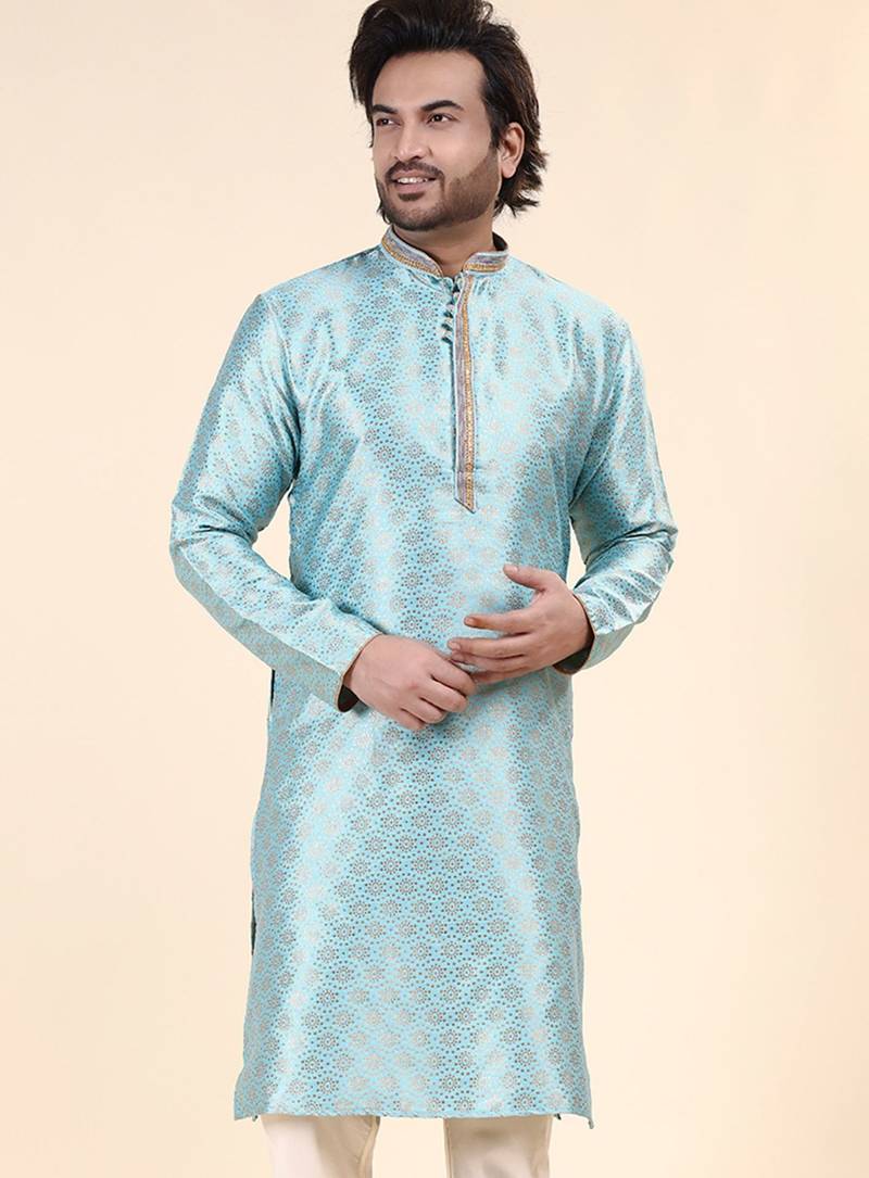 Mens art silk woven design with lace and printex kurta firoza