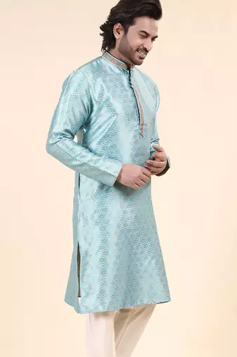 Mens art silk woven design with lace and printex kurta firoza