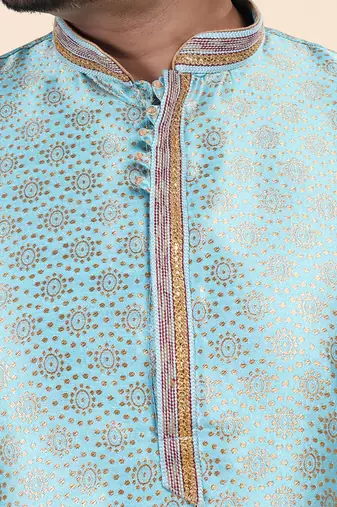 Mens art silk woven design with lace and printex kurta firoza