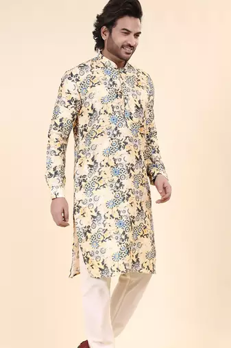Mens art silk digital print with sequined work kurta multicolor