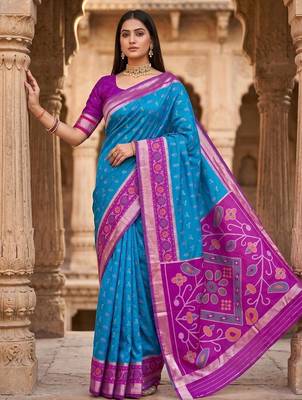 Sky blue color pochampally silk blend ikkat design zari border sarees 1