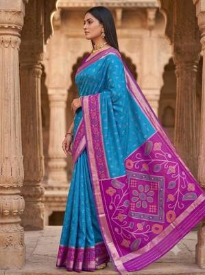 Sky blue color pochampally silk blend ikkat design zari border sarees 2