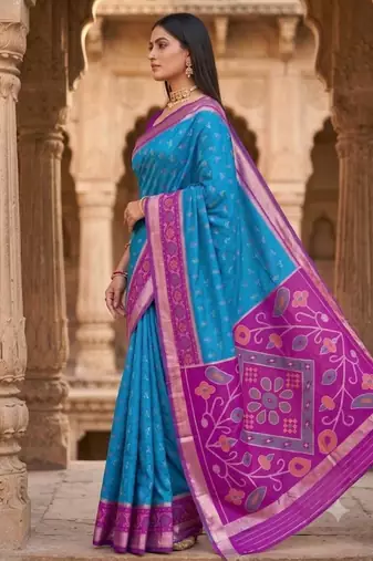 Sky blue color pochampally silk blend ikkat design zari border sarees
