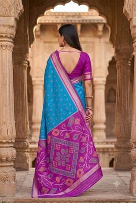 Sky blue color pochampally silk blend ikkat design zari border sarees 3