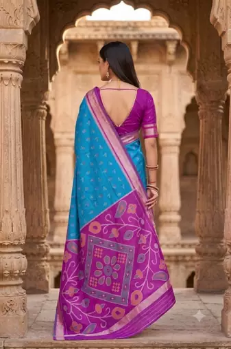 Sky blue color pochampally silk blend ikkat design zari border sarees