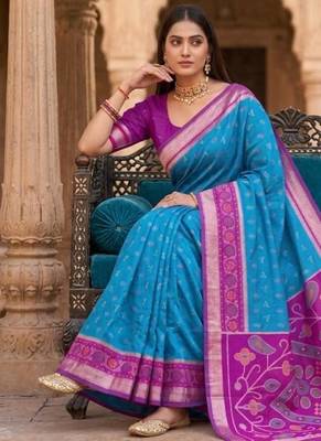 Sky blue color pochampally silk blend ikkat design zari border sarees 4