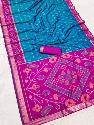 Sky blue color pochampally silk blend ikkat design zari border sarees 5