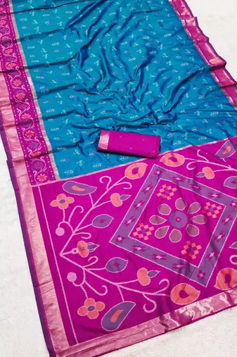 Sky blue color pochampally silk blend ikkat design zari border sarees