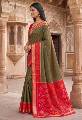 Dark green color pochampally silk blend ikkat design zari border sarees 3