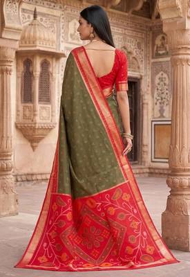 Dark green color pochampally silk blend ikkat design zari border sarees 4