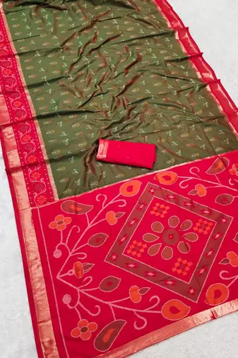 Dark green color pochampally silk blend ikkat design zari border sarees