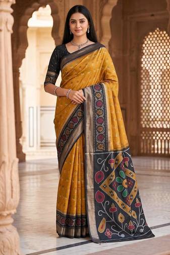 Mustard color pochampally silk blend ikkat design zari border sarees