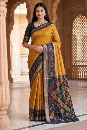 Mustard color pochampally silk blend ikkat design zari border sarees