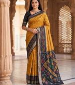 Mustard color pochampally silk blend ikkat design zari border sarees