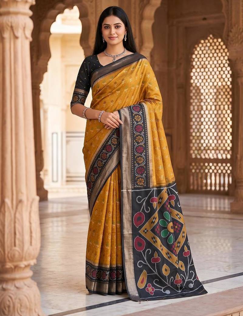 Mustard color pochampally silk blend ikkat design zari border sarees