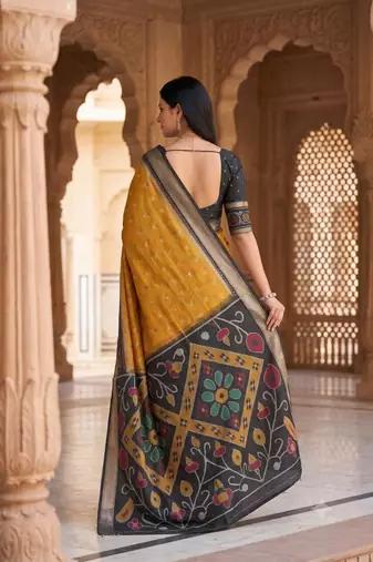 Mustard color pochampally silk blend ikkat design zari border sarees