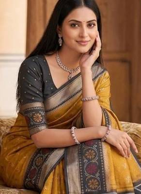 Mustard color pochampally silk blend ikkat design zari border sarees 3