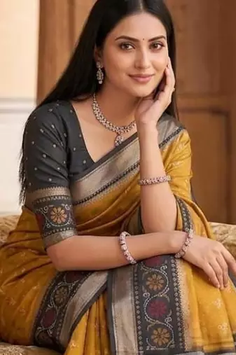 Mustard color pochampally silk blend ikkat design zari border sarees